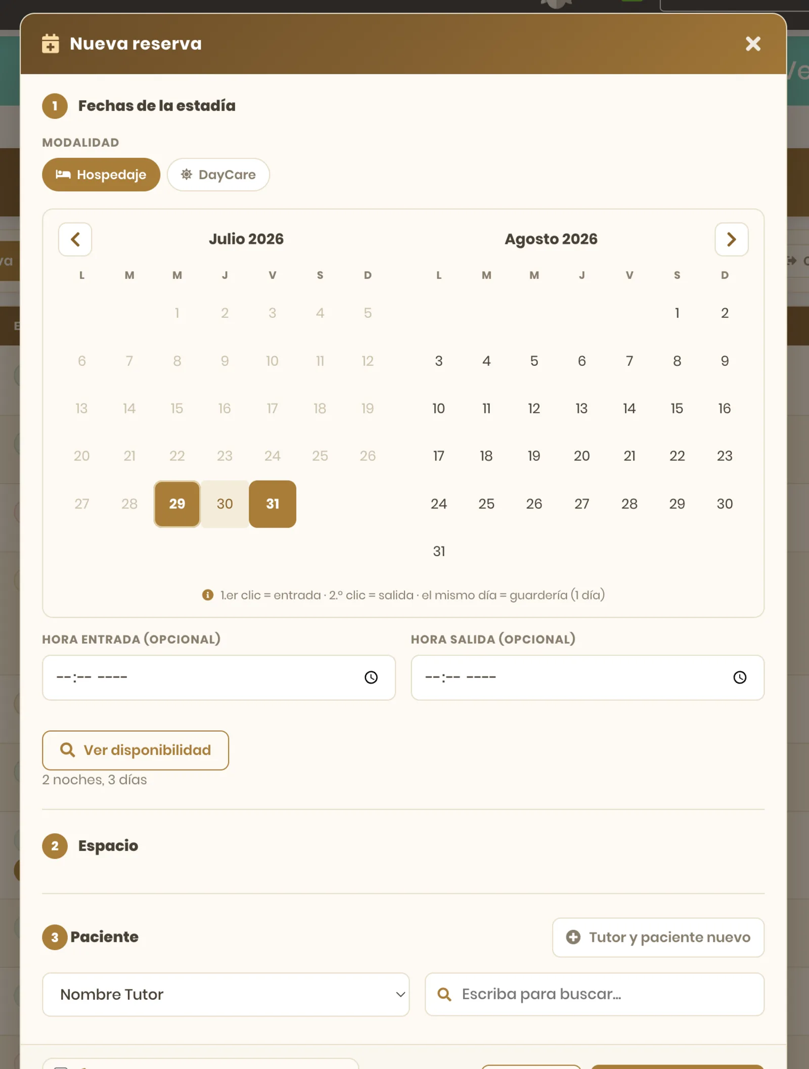 Formulario de nueva reserva con calendario doble y selección de espacio
